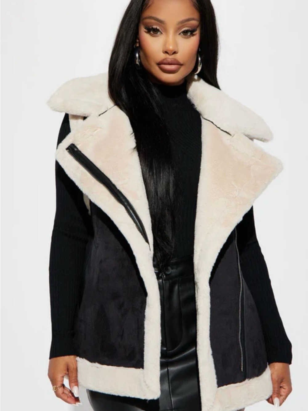 Fashion Nova Shearling Vest Black Jacket Cream Faux Fur Women XL
